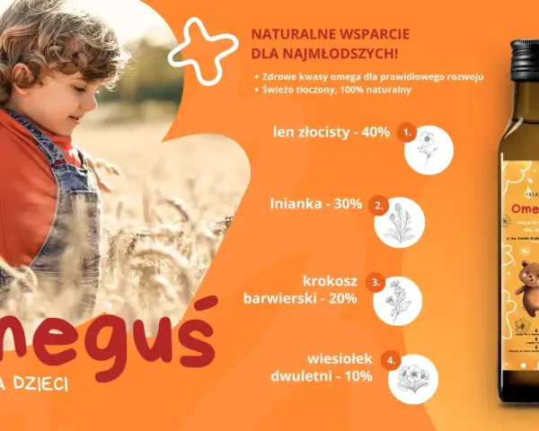 Szukasz idealnego **jaki olej dla niemowlaka**? Omegus to naturalny olej dla dzieci z lnu, inianki, krokosza i wiesiołka, wspierający rozwój.