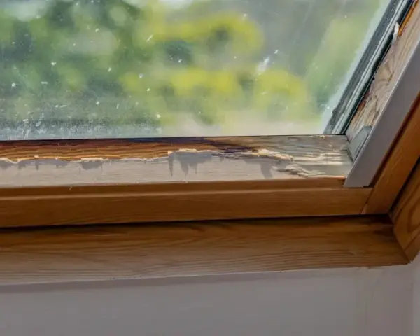 Damaged wooden frame of a skylight showing signs of water damage, indicating a need for skylight leak repair.