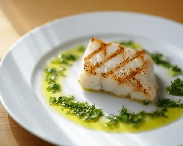 Un delicioso bacalao a la plancha, con marcas doradas y servido sobre un plato blanco con aceite de oliva y hierbas frescas picadas.