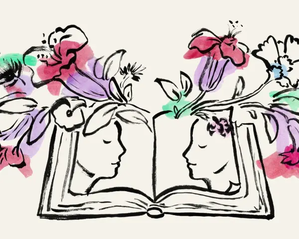 Ilustracja przedstawia otwartą książkę, z której wyrastają kwiaty. Po bokach książki widnieją profile dwóch osób.