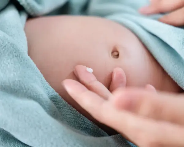 Delikatna pielęgnacja brzuszka niemowlaka. Kropelka kremu na palcu, gotowa do naniesienia na pępek, gdzie może występować przepuklina pępkowa.