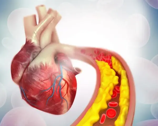 Serce i tętnica z miażdżycą. Żółte złogi cholesterol nie-hdl zwężają naczynie, utrudniając przepływ krwi.