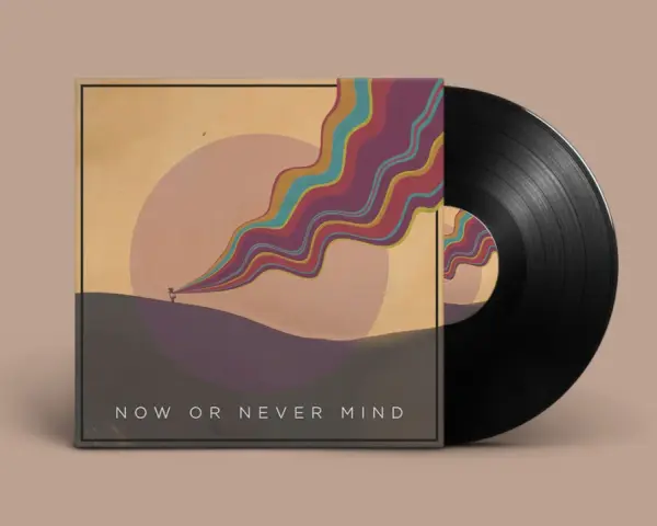 Schallplatte mit Cover-Artwork für ein Indie-Label. Eine kleine Figur hält ein buntes Band, das sich in den Himmel windet.