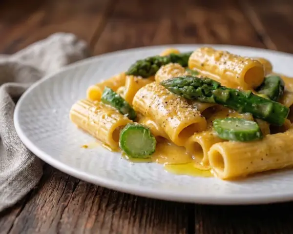 Rigatoni cremosi con asparagi freschi, un'interpretazione primaverile della carbonara di asparagi.