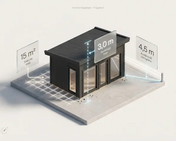 En illustration som visar en friggebod med mått för att bygga redskapsbod: max 15 m² total yta, 3 m nockhöjd och 4,5 m avstånd till tomtgräns.