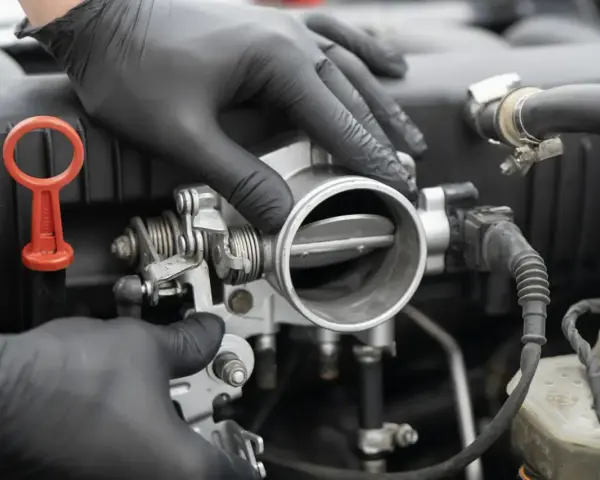 Mechanik w czarnych rękawiczkach sprawdza przepustnicę. Objawy uszkodzonego czujnika położenia przepustnicy mogą być różne.