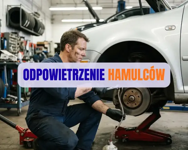 Mechanik wykonuje odpowietrzanie hamulców w samochodzie, pracując w warsztacie.