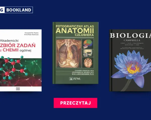 Książki do studiów z biologii i chemii: atlas anatomii, zbiór zadań z chemii, podręcznik "Biologia Campbell".
