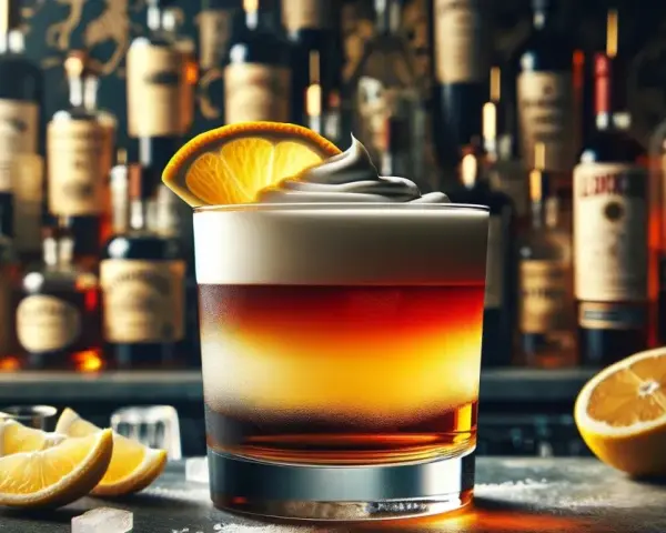 Elegancki drink New York Sour z pianką i plasterkiem pomarańczy, na tle półki z butelkami alkoholu.