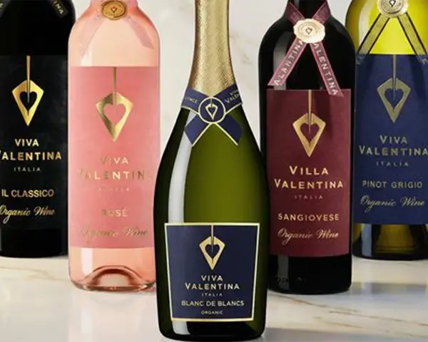 Fem flaskor ekologiskt vin från Viva Valentina, perfekt vin till saltimbocca. Välj mellan rött, rosé, vitt eller bubbel.