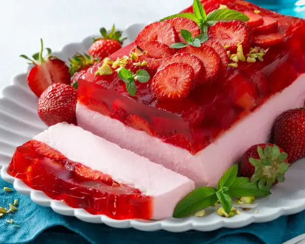Letnie ciastka z galaretką i truskawkami, ozdobione miętą i pistacjami. Idealne na upalne dni!