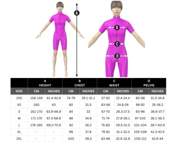 Guida alle taglie per abbigliamento sportivo: scegli la tua vestibilità regolare consultando le misure di altezza, petto, vita e bacino.