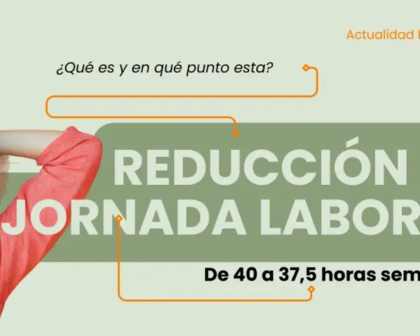 Mujer sonriente junto a un reloj, con el texto "REDUCCIÓN DE JORNADA LABORAL" y "De 40 a 37,5 horas semanales".
