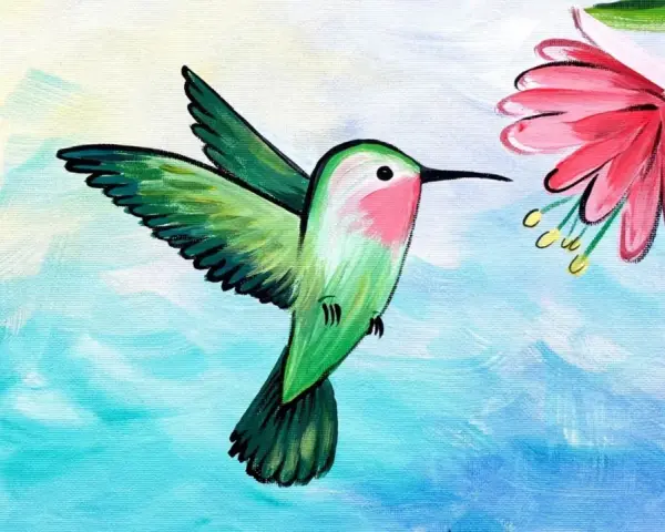 Peinture acrylique d'un colibri vert et rose s'approchant d'une fleur rose. Idéal pour apprendre comment faire de la peinture acrylique.