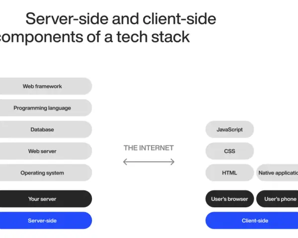 Server- und Client-seitige Komponenten einer Web-Applikation: Web-Framework, Programmiersprache, Datenbank, Webserver, Betriebssystem auf der Serverseite; JavaScript, CSS, HTML, native App auf der Clientseite.