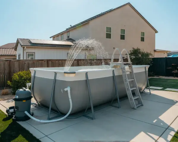 Above ground pool installation in progress, with water spraying from the filter system. A ladder is attached, ready for summer fun.