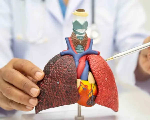 Un médico señala un modelo de pulmones y corazón, mostrando los efectos del vapeo en los pulmones de vapeador.