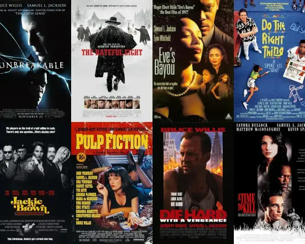 Kolaż plakatów filmowych z Samuel L. Jacksonem: "Unbreakable", "The Hateful Eight", "Eve's Bayou", "Do the Right Thing", "Jackie Brown", "Pulp Fiction", "Die Hard with a Vengeance", "A Time to Kill".