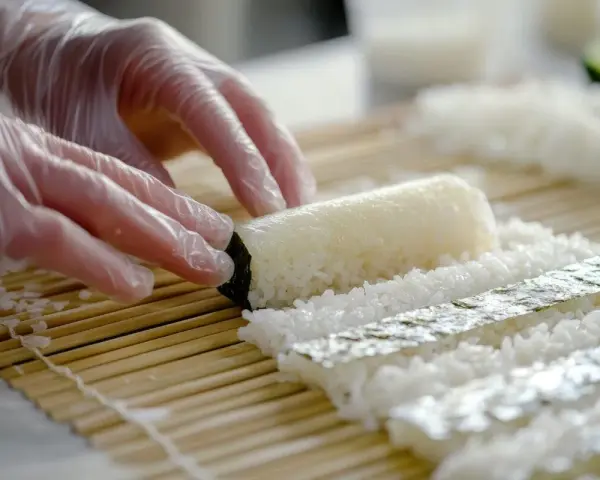 Ręce w rękawiczkach formują ryż na macie bambusowej. Przygotowanie zaprawy do sushi na 500g ryżu.