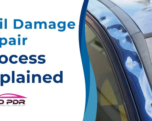 Close-up of a blue car with significant hail damage on the roofline, showing multiple dents. Text reads "Hail Damage Repair Process Explained.