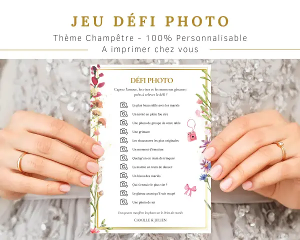 Jeu de défi photo pour un mariage champêtre. Capturez les moments clés avec cette liste de défis amusants.