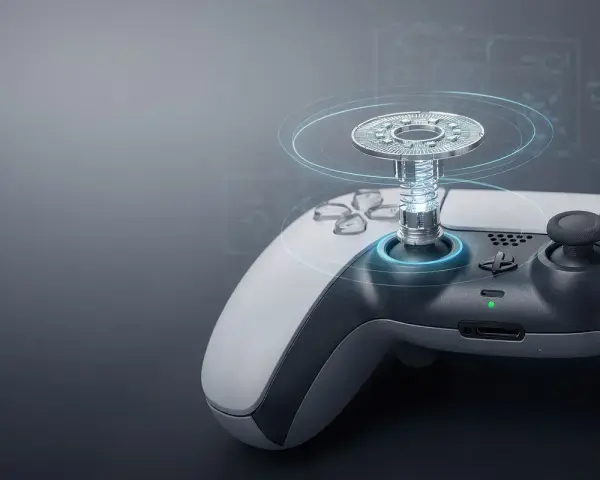 El mando PS6, con su joystick mecánico y detalles futuristas, listo para la acción.