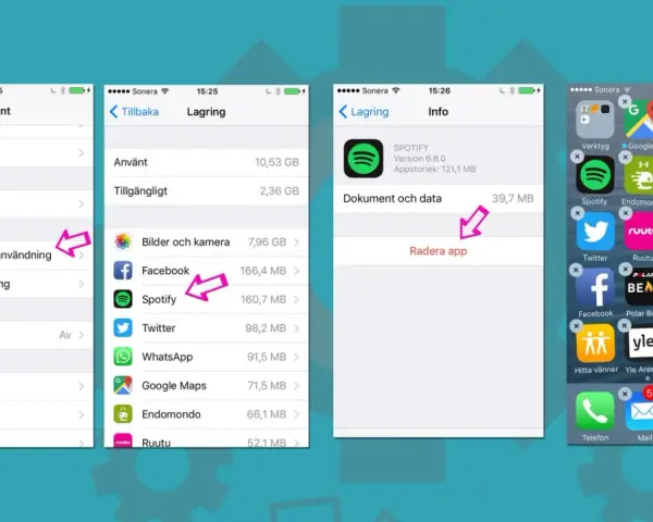 Visar hur du kan ta bort appar på iPhone. Navigera till Lagring och iCloud-användning för att se och radera appar.