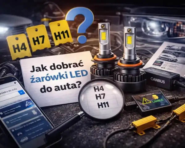 Jak dobrać żarówki LED do auta? Na zdjęciu widać modele H4, H7, H11, telefon z aplikacją i instrukcję.