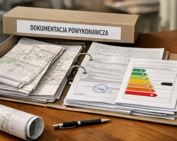 Teczka z napisem "Dokumentacja powykonawcza" zawiera mapy, dokumenty i wykres klasyfikacji energetycznej.