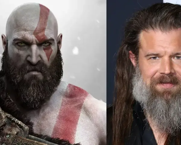 Kratos, bóg wojny, obok aktora przypominającego go wyglądem.