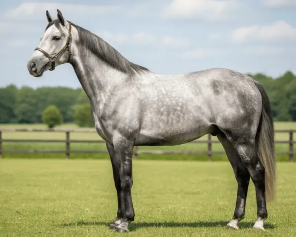 Magnifique cheval anglo arabe gris pommelé, debout dans un pré verdoyant sous un ciel bleu parsemé de nuages.