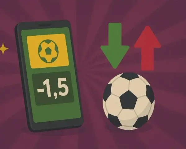 Telefon z aplikacją do zakładów sportowych, piłka, strzałki w górę i w dół. Widać handicap -1,5.