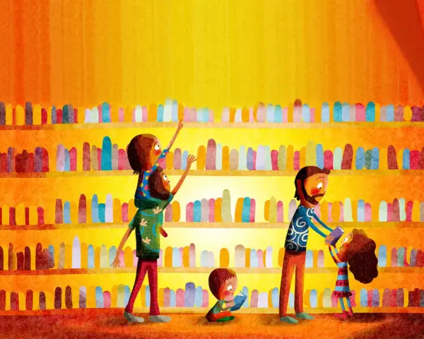 Una familia elige libros en una estantería colorida. ¡Hay tanto que leer!
