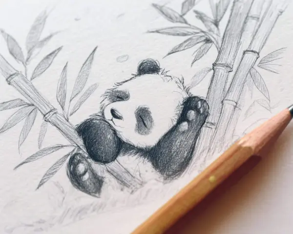 En söt panda sover bland bambu. Enkla bilder att rita som denna inspirerar till kreativitet.