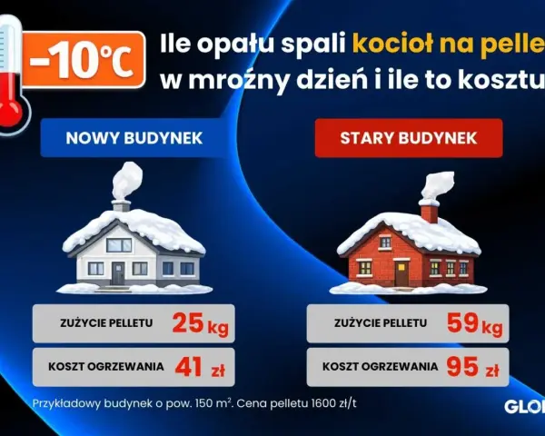 Porównanie kosztów ogrzewania: piec na pellet w nowym i starym budynku przy -10°C. Nowy budynek: 25kg pelletu, 41 zł. Stary: 59kg, 95 zł.