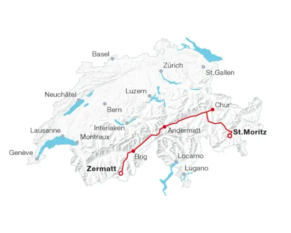 Map of Switzerland showing a red train route from Zermatt to Chur, passing through Brig, Andermatt, and St. Moritz.