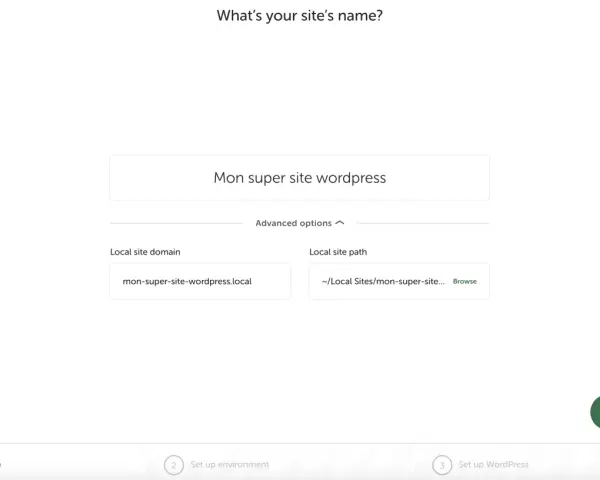 Configuration pour installer WordPress manuellement : nom du site "Mon super site wordpress", domaine local et chemin d'accès.