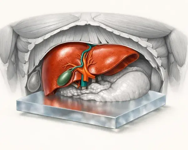 Anatomical illustration of a healthy liver, gallbladder, pancreas, and diaphragm. This ast norma shows the organs in their typical position.