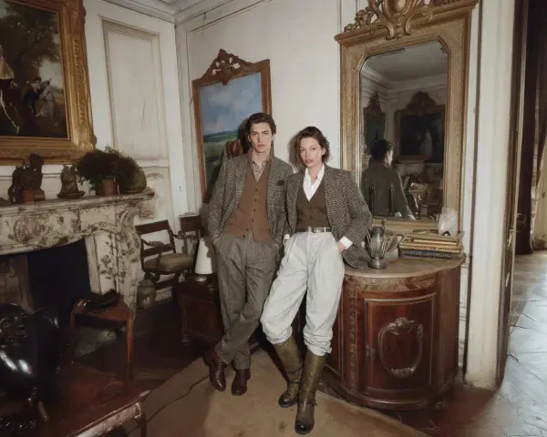 Un couple élégant dans un salon cossu, évoquant un style "old money" intemporel.