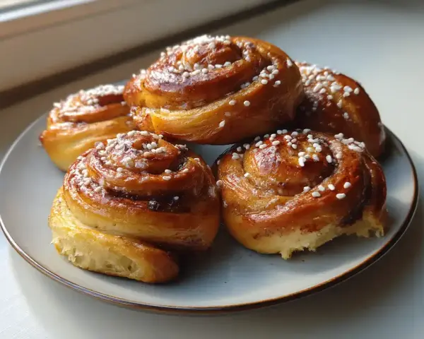Färska kanelbullar med pärlsocker, redo att avnjutas. Ett perfekt kanelbullar recept för fikat.