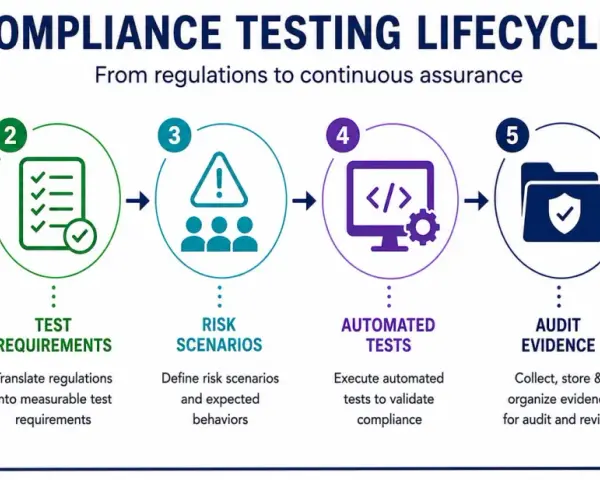 Compliance testing lifecycle: regulations, test requirements, risk scenarios, automated tests, audit evidence, and continuous monitoring. This process acts as a due diligence tool.