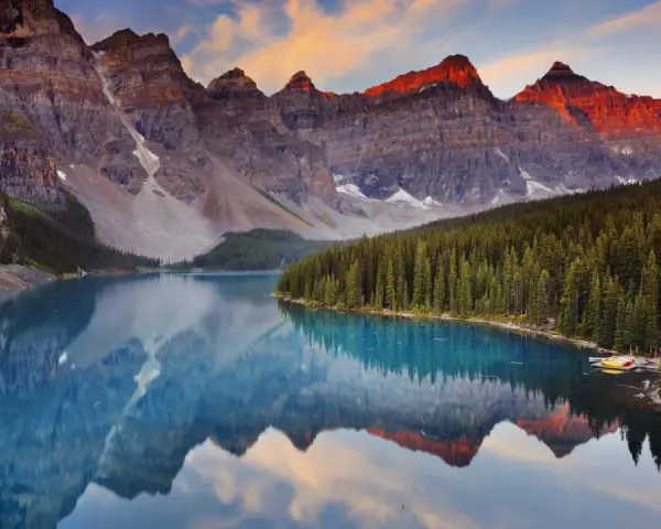 Espectacular reflejo de montañas rocosas y bosque en un lago turquesa. Un ejemplo perfecto de que son los parques naturales, preservando la belleza salvaje.
