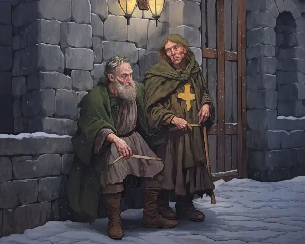 Dwóch zmarzniętych pielgrzymów, symbolizujących kartę 5 pentakli, siedzi przy kamiennym murze w śnieżny dzień, szukając schronienia.