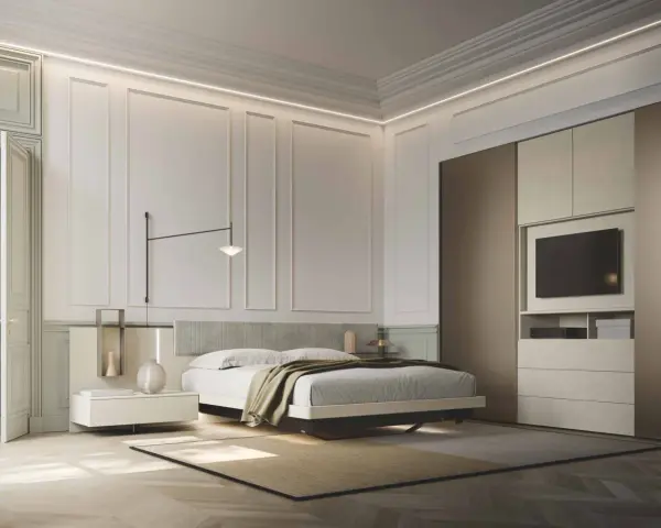 Elegante camera da letto moderna con letto, comodini, armadio a muro con TV integrata e illuminazione a soffitto. Un esempio di come arredare camera da letto con stile.