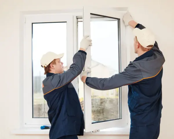 Installatori montano una finestra, mostrando le spallette finestre cosa sono e come si integrano nel muro.