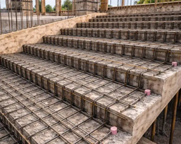 Gotowe do zalania betonem zbrojenie schodów, tworzące solidną konstrukcję. Stalowe pręty ułożone w siatkę zapewnią wytrzymałość.