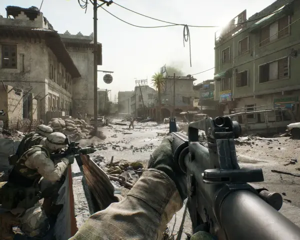 Żołnierze Delta Force na PS5 w akcji, ostrzeliwują ulice zniszczonego miasta.
