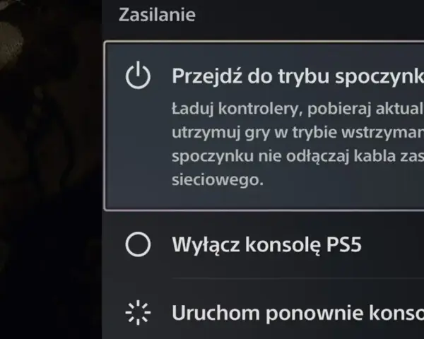 Menu zasilania PS5: opcja "Wyłącz konsolę PS5" jest widoczna, pokazując, jak wylaczyc ps5.