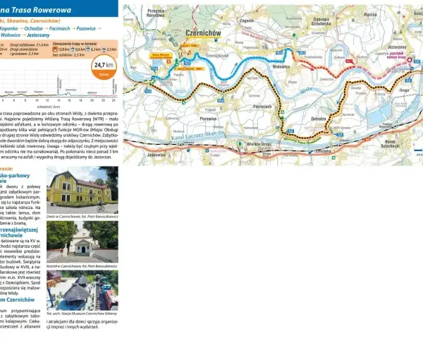 Mapa Wiślanej Trasy Rowerowej z Czernichowem, Jezioranami i Skawiną. Trasa liczy 24,7 km.