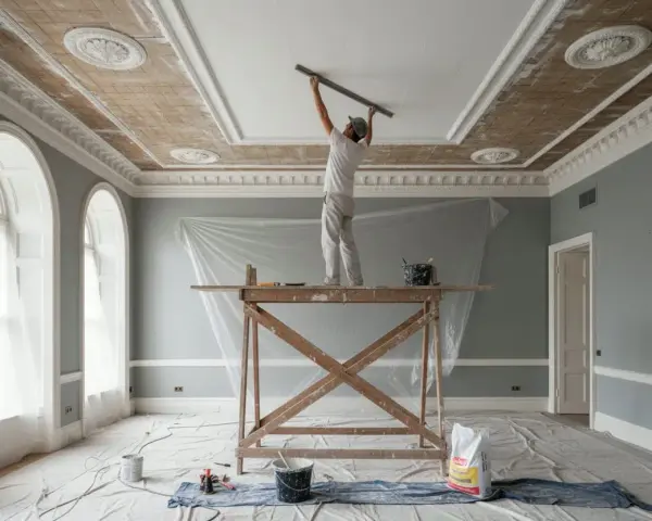 Un operaio sta intonacando il soffitto di una stanza elegante, con impalcature e teli protettivi.